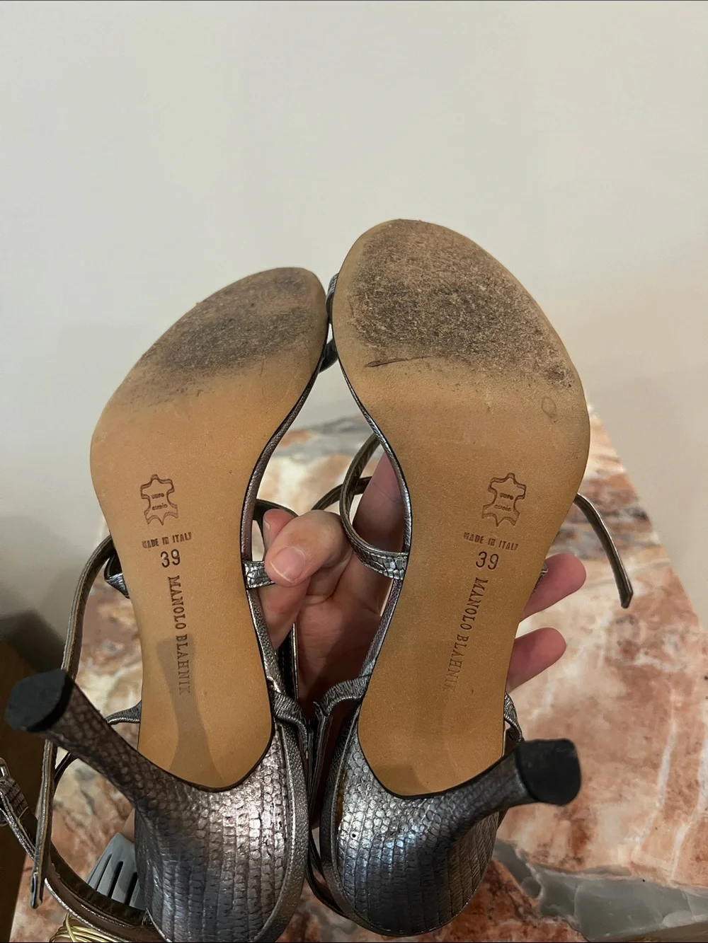 Manolo Blahnik Metallic Silver Snakeskin-Print Strappy Heels
